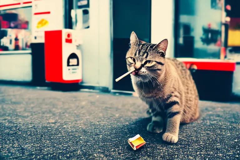 Prompt: cat with a cigarette in its mouth in 7 - eleven wide angle lens