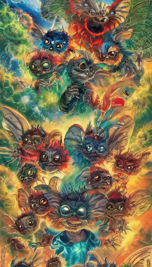 Image similar to gremlins vs mothra vs stephen hawkin art by Noriyoshi Ohrai and Lisa Frank