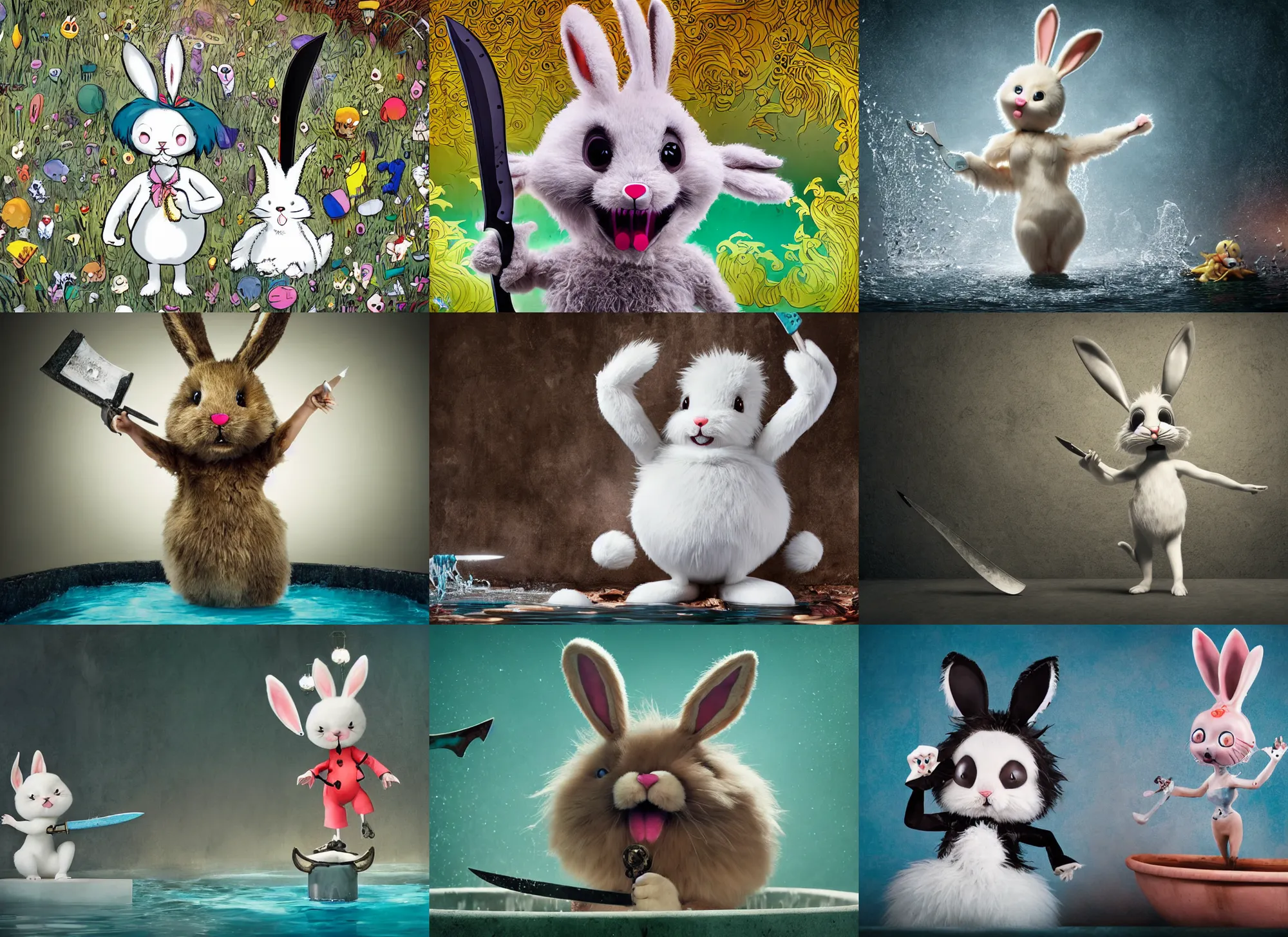 Prompt: a cute fluffy bunny with an insane expression, stands in a pool of water, holding a black steel bowie knife. dance photography, character concept art, intricate detailed 8 k environment, gary baseman, genevieve gauckler, preston blair, tex avery, artforum aesthetic, juxtapoz aesthetic, sanjay singh, tanvi jaiswal, dalip singh