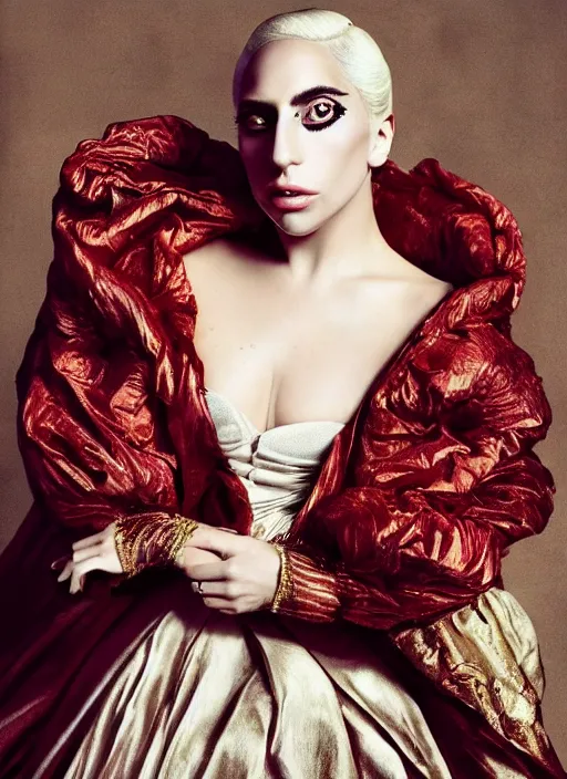 Image similar to lady gaga styled by nick knight posing renaissance style, vogue magazine, highly realistic. high resolution. highly detailed. dramatic. 8 k. 4 k.