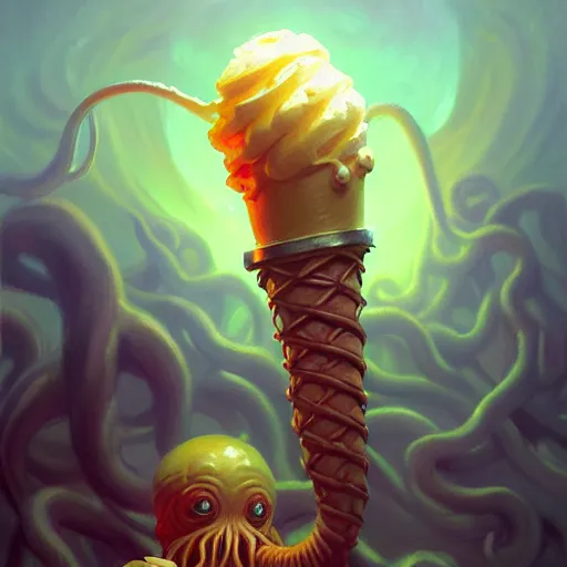 Prompt: portrait painting of cthulhu, bright and energetic, wild tentacles holding ice cream cones, render cinematic lighting art 1 9 2 0 period drama by bussiere rutkowski andreas rocha