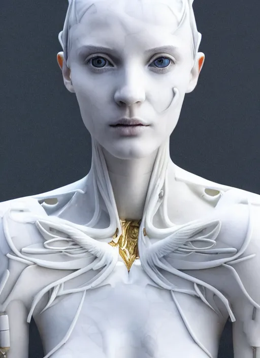 Image similar to a statue made of white marble with gold veins, of an beautiful gorgeous futuristic cybernetic angel girl, prostheses, transhumanism, full body shot, perfect symmetrical body, perfect symmetrical face, hyper realistic, hyper detailed, by johannen voss, by peter kemp, by monia merlo, by michelangelo, octane render, blender, 8 k