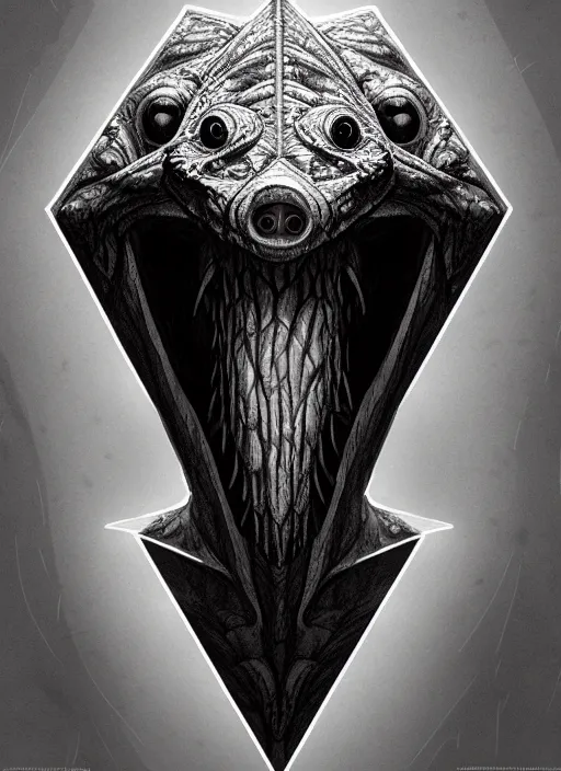 Image similar to anthropomorphic triangle head in edgy darkiron mr. bean, intricate, elegant, highly detailed animal monster, digital painting, artstation, concept art, smooth, sharp focus, illustration, art by artgerm, wayne barlowe, trending on artstation and greg rutkowski and alphonse mucha, 8 k