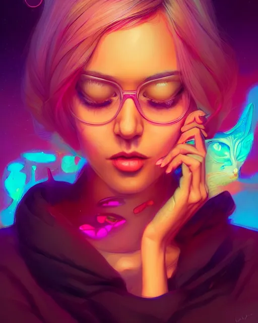 Image similar to lsd, acid trip, a beautiful woman with ( cat ) features, dramatic lighting, by lois van baarle, artgerm, wlop, greg rutkowski, ultra detailed colorful repeating fractals in the background by moebius, beeple, artstation