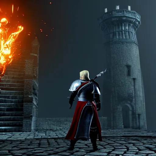 Prompt: donald trump in dark souls, ps 5 screenshot, isometric view, third person gameplay, boss battle, 3 d render, cryengine, highly detailed