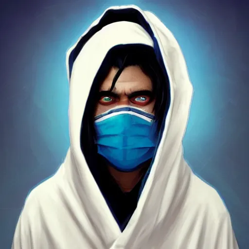 Prompt: ultra realistic illustration, man with black hair with a black medical mask, in a hood in the form of a blue shark with white teeth, red and blue eyes, mysterious, poker man, highly detailed, digital painting, artstation, concept art, smooth, sharp focus, illustration, art by artgerm and greg rutkowski and alphonse mucha