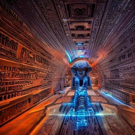 Prompt: a photo of a beautiful intricate epic futuristic hyper detailed cyber sphynx of egypt, cinematic lighting, taken with tilt shot