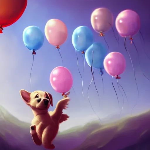 Image similar to puppy flying holding balloons, 8k, fantasy, cinematic lighting, highly detailed, digital painting, artstation, smooth, sharp focus, illustration, by Pixar