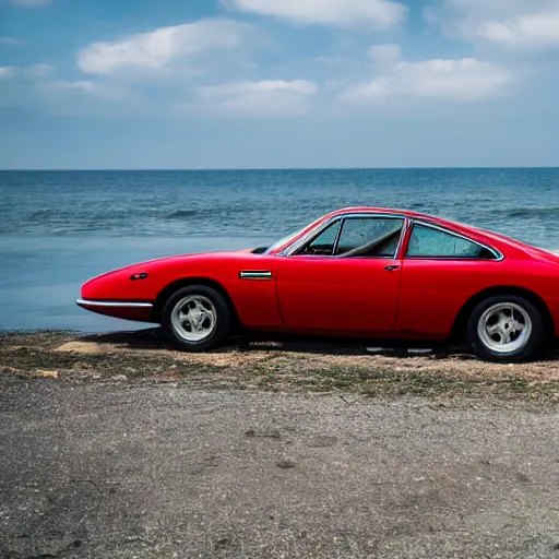 Prompt: old red ferrari car is parked on the sea shore near a pier with boats