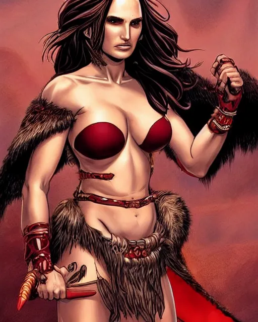 Prompt: graphic novel cover art, sexy natalie portman with dark red hair and with dark - red - skin!!!! as a barbarian queen wearing a bikini made from animal furs charging towards her enemy with a look of bloodlust, highly detailed, masterpiece, realistic shadows, focus on facial details, bold lineart