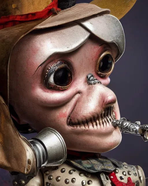 Prompt: highly detailed closeup, face profile portrait of a tin toy jack the ripper, depth of field, fashion photoshoot by nicoletta ceccoli, mark ryden, lostfish, dan decarlo, bob clampett, max fleischer, breathtaking, detailed and intricate environment, 8 k resolution, hyperrealistic, octane render
