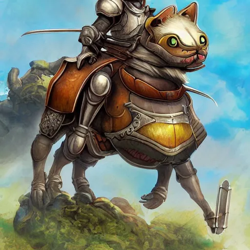 Image similar to hamster knight riding his trusty cat steed into battle, digital fantasy art, high resolution