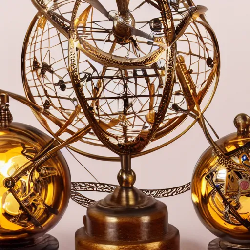 Image similar to a well - lit photo of an intricate steel filigree art nouveau orrery solar system model with visible gears on a wooden table, beautiful, detailed, flowing curves, with colored marble planets and a golden sun