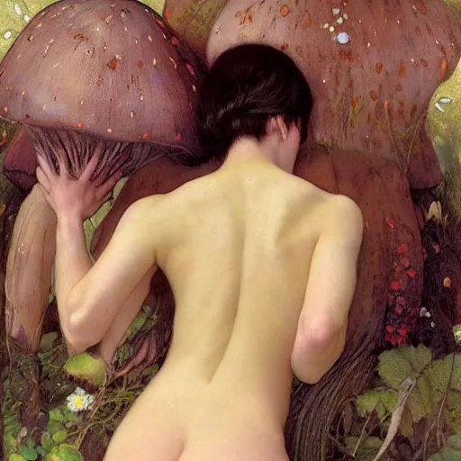 Image similar to a masterpiece full body portrait of a beautiful fairy from behind, bending over to pick a mushroom, beautiful face, flawless skin, heart shaped bottom, by Edgar Maxence and Ross Tran and Michael Whelan