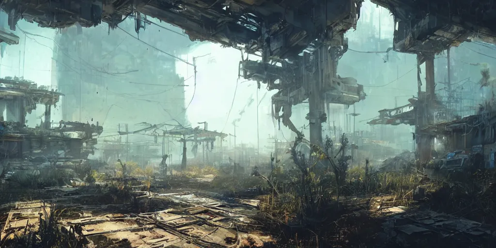 Image similar to screenshot from a post apocalyptic overgrown cyberpunk video game, fps, octane render, first person weapon, raytracing, by craig mullins, james gurney, sparth, greg rutkowski ”