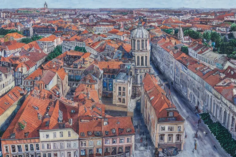 Prompt: drone view of an old european city, hyperrealism painting, wide angle, very detailed, high resolution