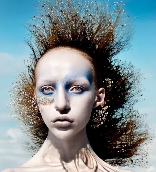 Image similar to photography face portrait of one stunning woman in white beach ocean, dress by iris van herpen, creative colorfull - makeup, curly hair style halflong, photography by paolo roversi nick knight, helmut newton, avedon, and araki, sky forest background, natural pose, highly detailed, skin grain detail