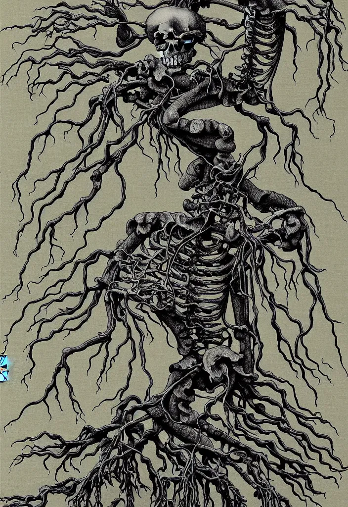 Image similar to prompt: anatomy dissection drawing skeleton Bonsai tree squid creature roots merging into big moon drawn by Takato Yamamoto, bonsai skeleton anatomy atlas, veins and organs attached to tree roots, alchemical objects inspired by 1980's sci-ci, old experimentation cabinet, intricate oil painting detail, manga 1980