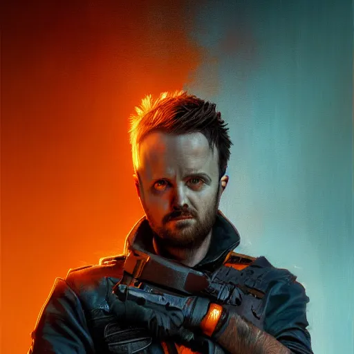 Prompt: a digital portrait painting of an aaron paul bounty hunter, matte painting, hyper realistic, very detailed, dramatic scene, orange and blue colors, realistic lighting, dark fantasy, 4 k, in the style of greg rutkowski,