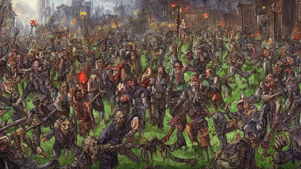 Prompt: hords of zombies flood the medival city, digital art by Jamey Jones,