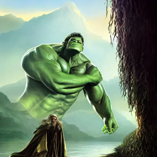 Image similar to the hulk starring as gandalf in lord of the rings, beautiful, serene colors, lake background, complimentary contrast, dramatic lighting, masterpiece, high contrast, painted by stanley lau, painted by greg rutkowski, painted by stanley artgerm, digital art, trending on artstation