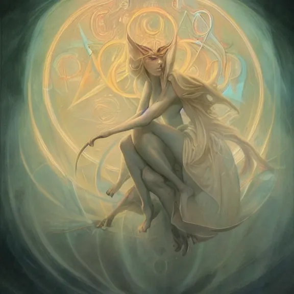 Image similar to a highly detailed beautiful portrait in the style of peter mohrbacher and in the style of jean delville. glowing runes of magical power.