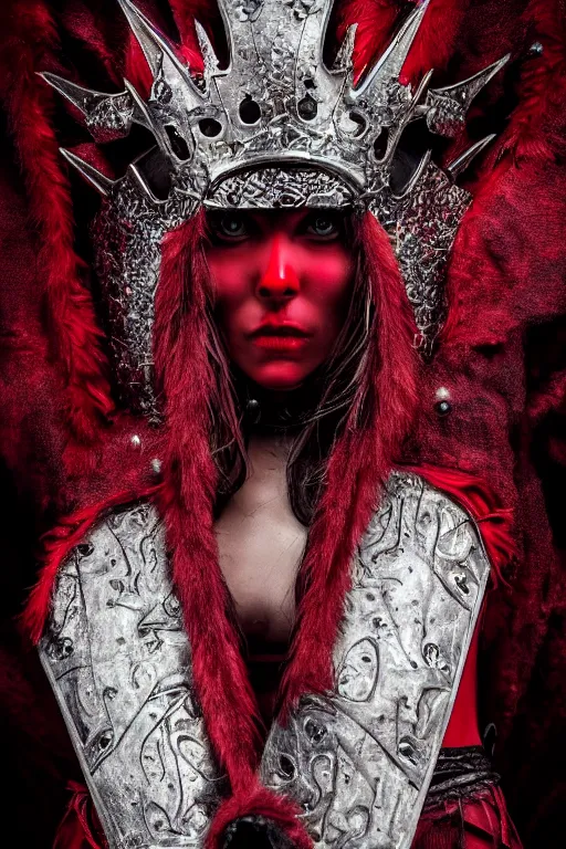 Image similar to the blood crown queen wear the scarlet armor, cinematic lighting, various refining methods, micro macro autofocus, ultra definition, award winning photo