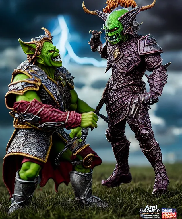 Prompt: hyperrealistic rendering, epic boss battle, ornate supreme orc goblin overlord, jewel crown, war armor battle, by art of skinner and richard corben, product photography, collectible action figure, sofubi, hottoys, storm clouds, outside, lightning