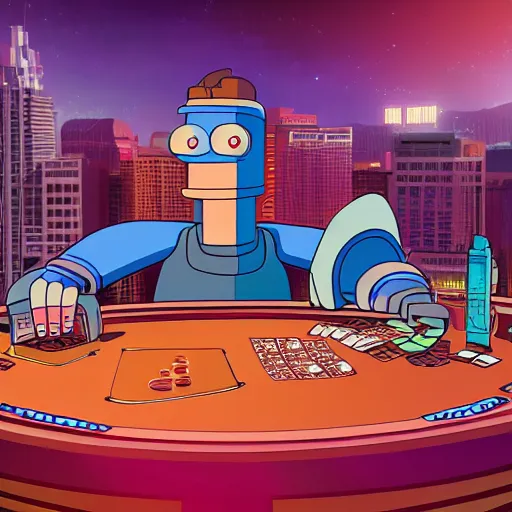 Image similar to bender from futurama running a futuristic casino while watching the action on the floor from a balcony, matte painting, landscape, 8 k, ultrafine,