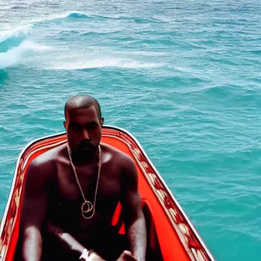 Prompt: kanye west performing a live concert on a small boat in the middle of the ocean