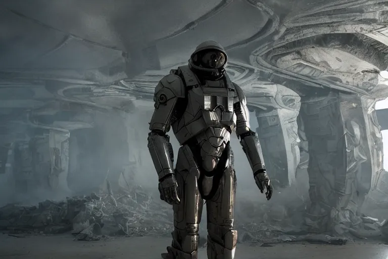 Image similar to vfx movie, sci - fi super soldier in worn military futuristic armor, in alien technology temple, by emmanuel lubezki