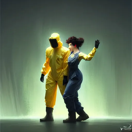 Image similar to character concept portrait of a man in a hazmat suit and voluminous woman in shirt and overalls both dancing, intricate, elegant, digital painting, concept art, smooth, sharp focus, illustration, from metal gear, by ruan jia and mandy jurgens and william - adolphe bouguereau, artgerm