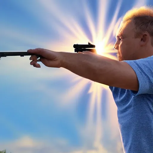 Image similar to a florida man shooting at the sun with a water gun, photorealistic, ultra detailed, high resolution, 8 k
