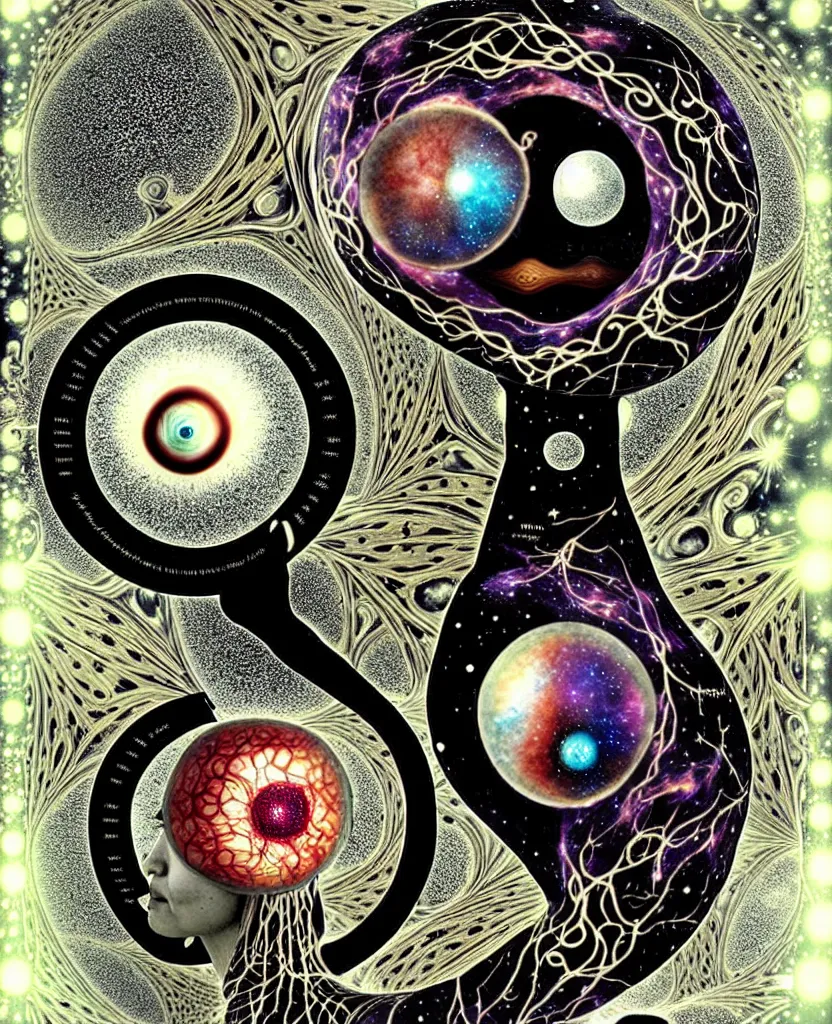 Image similar to inside the universe of a human body soul, whimsical uncanny creature alchemizes unique canto about'as above so below'being ignited by the spirit of haeckel and robert fludd, breakthrough is iminent, glory be to the magic within, to honor jupiter, surreal collage by ronny khalil