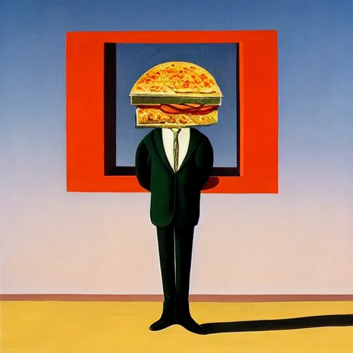 Prompt: painting of a man with a pizza for a head by Magritte