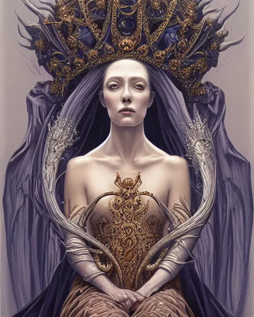 Prompt: full view Symbolic portrait of an ethereal Queen in a crown of sorrow wearing a ornate dress sitting on a throne by Gerald Brom and Jean Delville, detailed and realistic, featured on Artstation, soft lighting, behance