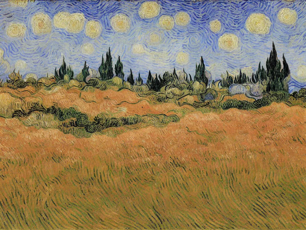 Image similar to pink wheat field and cypresses by van gogh