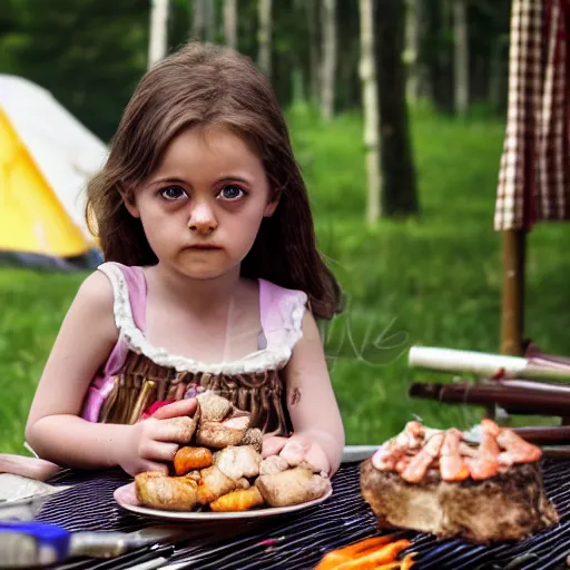Image similar to big - eyed brunette sweet little girl looking sad in front of barbecue near tent at camp, artistic 4 k
