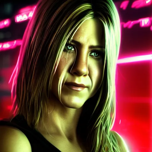 Prompt: jennifer aniston portrait, cyberpunk 2 0 7 7, cyberpunk judy alvarez, photorealistic, ultra detailed, neon, octane, bokeh, cinematic lighting, cyber, cyberpunk city, studio quality, feature, scars, cyberface, 8 k