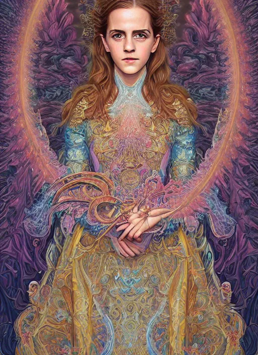 Image similar to beautiful oil painting, full length portrait of Emma Watson in baroque coronation robes 1701, Dan Mumford, Dan Mumford, Alex grey, Alex grey, highly detailed , lsd visuals, dmt fractal patterns, hallucinogen, visionary art, psychedelic art, ornate, vaporwave, baroque