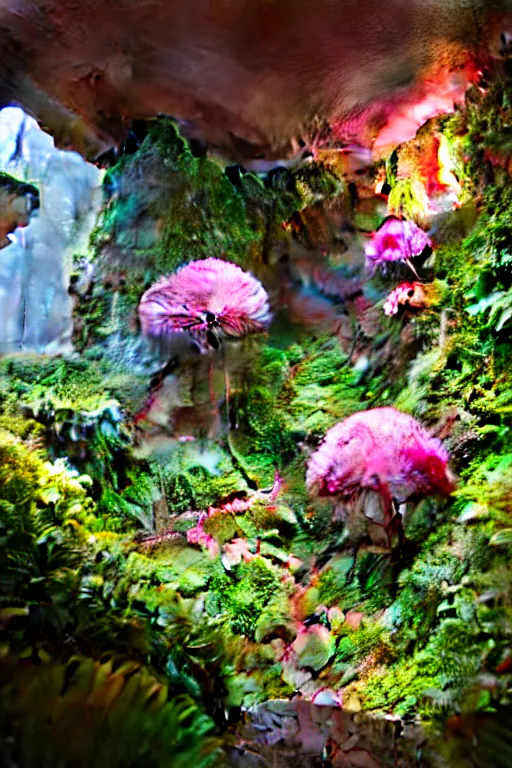 Prompt: inside of a cave with a hyper - realistic bright coloured natural flowers and ferns : 4, overlooking a castle with pink lightning clouds : 1, highly symmetrical, balanced, lightning clouds : 6, octane render, in the style of sahm : 8 hd, 4 k, ultra - realistic, in unreal engine