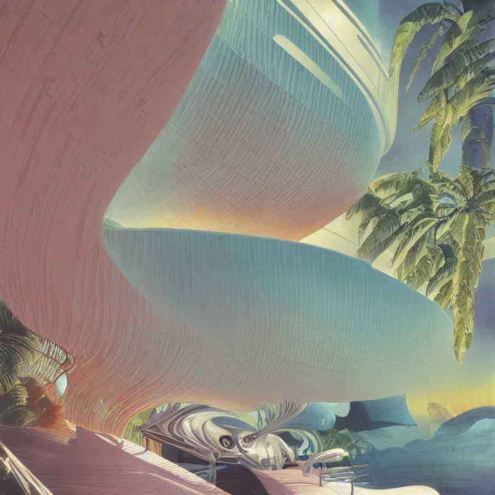 Image similar to tropical spacecraft, science fiction, extremely detailed, pastel colors, intricate, hard light, flat, illustration, volumetric lighting, digital painting, by roger dean, by santiago calatrava, by corbusier