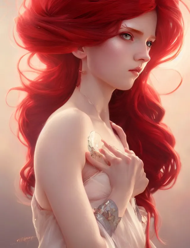 Image similar to beautiful magical girl, with red hair, wonderful eyes, over - detailed, elegant, intricate, dynamic lighting, hyperrealism, digital art, digital painting, artstation, wlop, clear focus, illustration, works by artgerm, greg rutkowski and alphonse mucha, 8 k