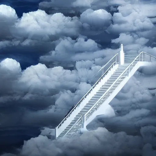 Prompt: hyperrealistic white staircase ascending through the clouds, aerial view surrounded by clouds, hyperrealistic dramatic colored lighting trending on artstation 8 k