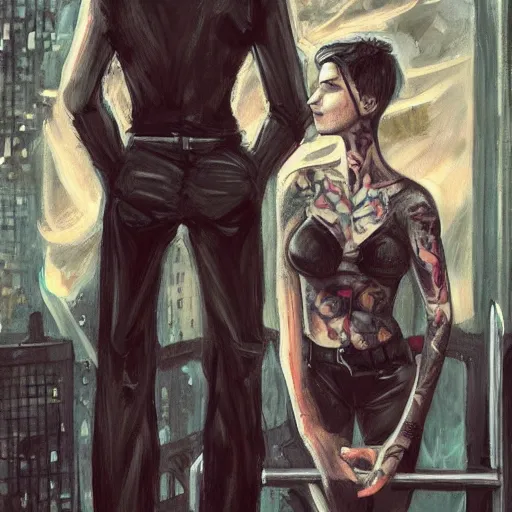 Prompt: short - haired tattooed heroic stoic handsome muscular blonde butch tomboy woman engineer standing beside dark fae feathered gothic jennifer connelly standing together on a balcony at night, in love, rocket factory in background, highly detailed, trending on art station, oil painting