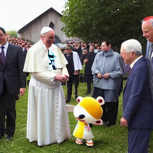 Prompt: pope francis visits animal crossing village with his popecar