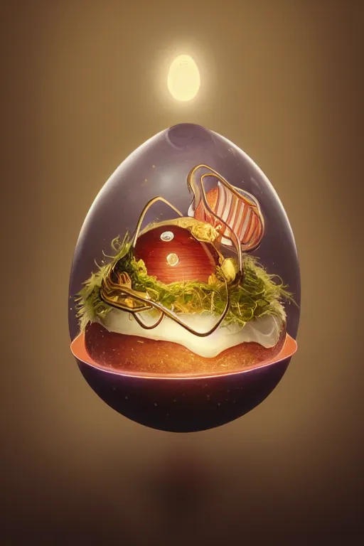 Image similar to a i hamburger in a faberge egg, anatomy, bathed in light, highly detailed, photorealistic, artstation, smooth, sharp focus, illustration, unreal engine 5, 8 k, art by artgerm and greg rutkowski and edgar maxence