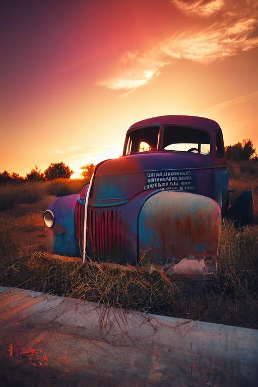 Image similar to a sunset light landscape with historical route 6 6, lots of sparkling details and sun ray ’ s, blinding backlight, smoke, volumetric lighting, colorful, octane, 3 5 mm, abandoned gas station, old rusty pickup - truck, beautiful epic colored reflections, very colorful heavenly, softlight