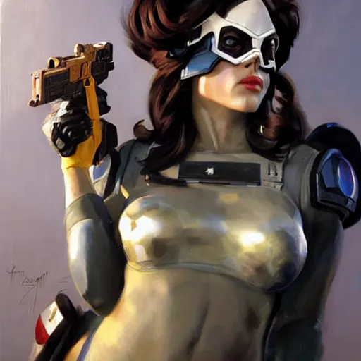 Image similar to greg manchess portrait painting of armored neena thurman aka domino as overwatch character, medium shot, asymmetrical, profile picture, organic painting, sunny day, matte painting, bold shapes, hard edges, street art, trending on artstation, by huang guangjian and gil elvgren and sachin teng