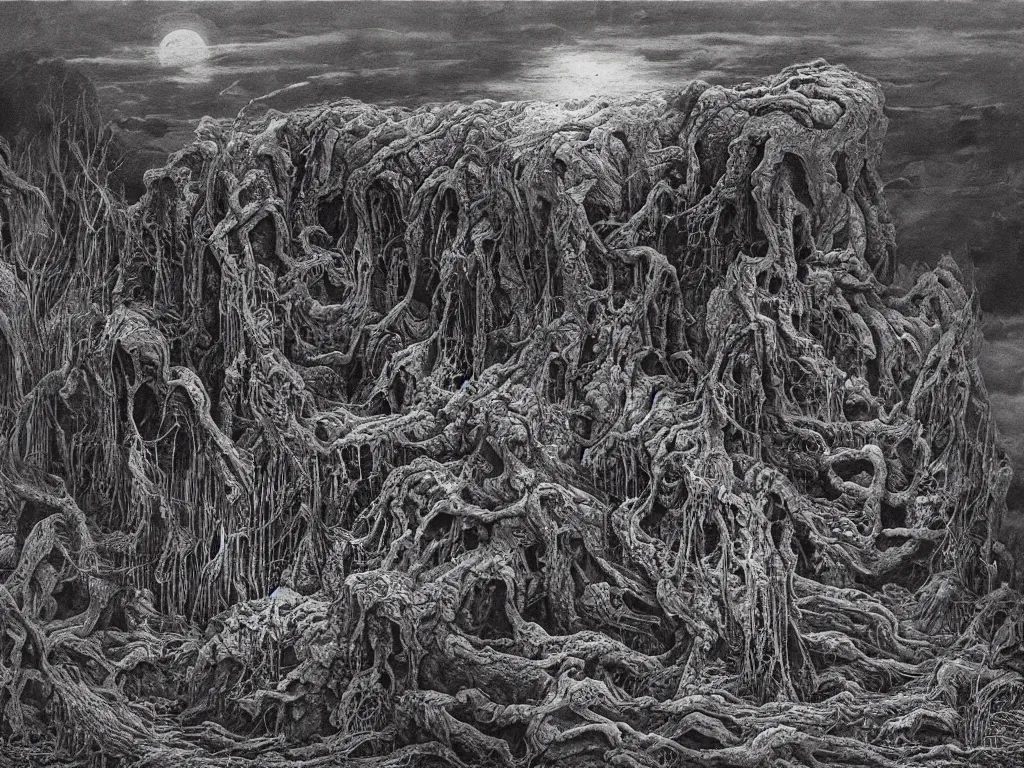 Image similar to landscape by H.R. Giger, Zdzislaw Beksinski, Todd McFarlane